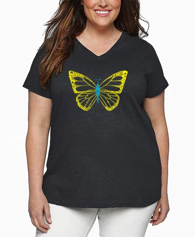 La Pop Art Plus Size Butterfly Word Art V-neck T-shirt In Gray