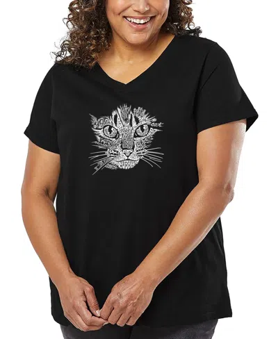 LA POP ART PLUS SIZE CAT FACE WORD ART V-NECK T-SHIRT