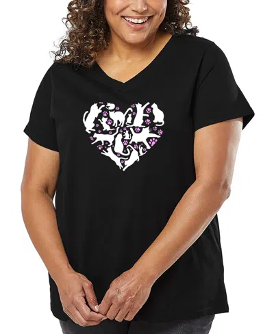 La Pop Art Plus Size Cat Heart Word Art V-neck T-shirt In Black