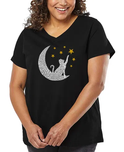La Pop Art Plus Size Cat Moon Word Art V-neck T-shirt In Black