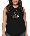 La Pop Art Plus Size Cat Sitting On Moon Word Art Tank Top In Black
