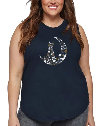 La Pop Art Plus Size Cat Sitting On Moon Word Art Tank Top In Blue