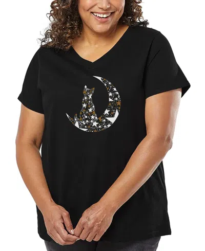 LA POP ART PLUS SIZE CAT SITTING ON MOON WORD ART V-NECK T-SHIRT