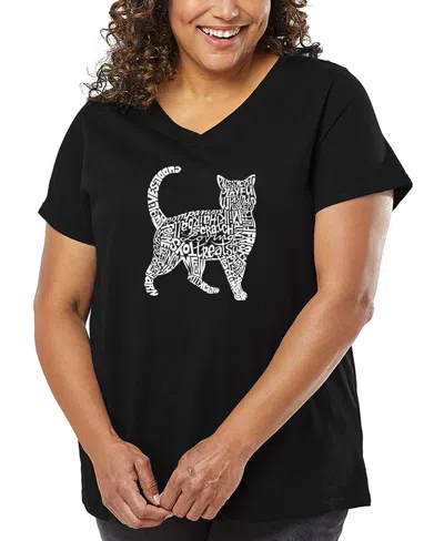 La Pop Art Plus Size Cat Word Art V-neck T-shirt In Black