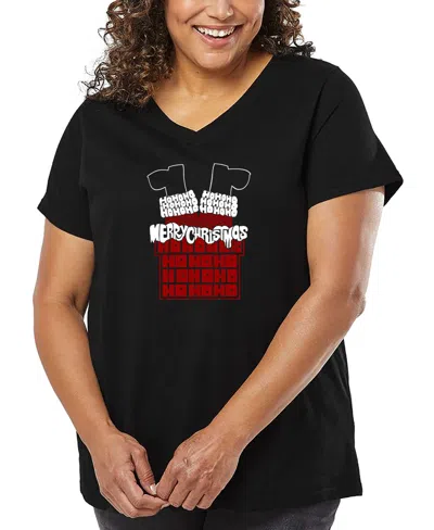 LA POP ART PLUS SIZE CHIMNEY SANTA WORD ART V-NECK T-SHIRT