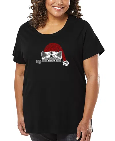 La Pop Art Plus Size Christmas Peeking Cat Word Art T-shirt In Black