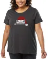La Pop Art Plus Size Christmas Peeking Cat Word Art T-shirt In Gray