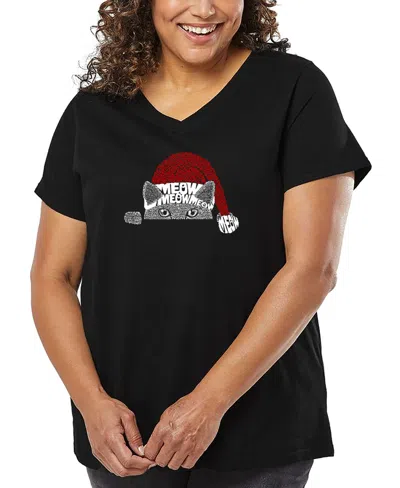 La Pop Art Plus Size Christmas Peeking Cat Word Art V-neck T-shirt In Black
