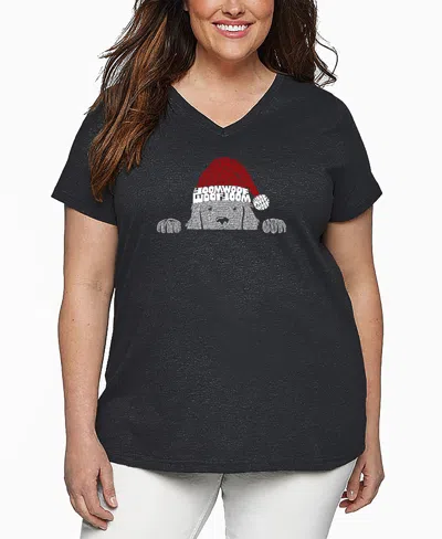 La Pop Art Plus Size Christmas Peeking Dog Word Art V-neck T-shirt In Black