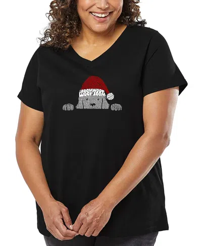 La Pop Art Plus Size Christmas Peeking Dog Word Art V-neck T-shirt In Black