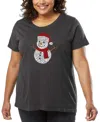 La Pop Art Plus Size Christmas Snowman Word Art T-shirt In Gray