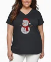 La Pop Art Plus Size Christmas Snowman Word Art V-neck T-shirt In Gray