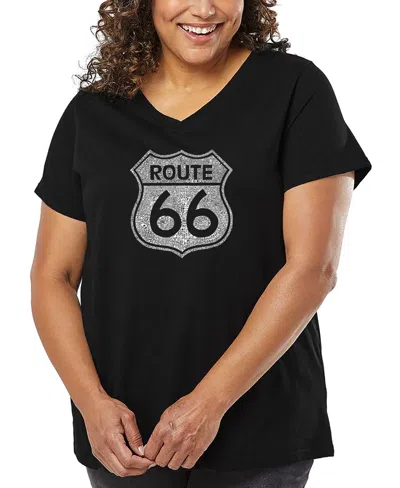 LA POP ART PLUS SIZE CITIES ALONG THE LEGENDARY ROUTE 66 WORD ART V-NECK T-SHIRT