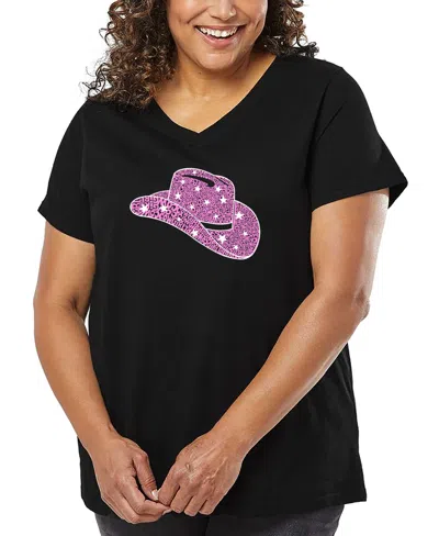 La Pop Art Plus Size Cowgirl Hat Word Art V-neck T-shirt In Black