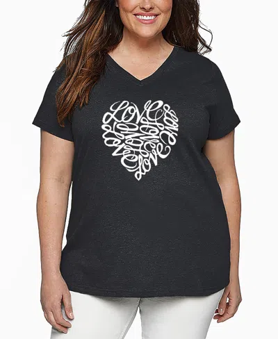 La Pop Art Plus Size Cursive Heart Word Art V-neck T-shirt In Gray