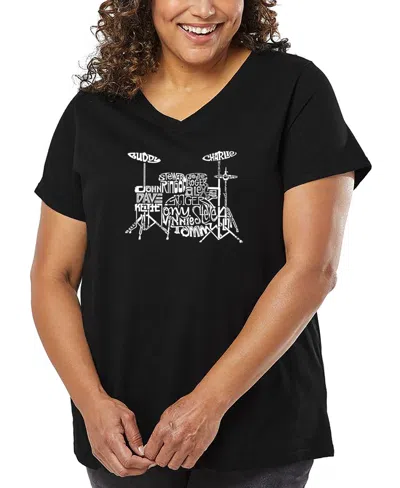 La Pop Art Plus Size Drums Word Art V-neck T-shirt In Black