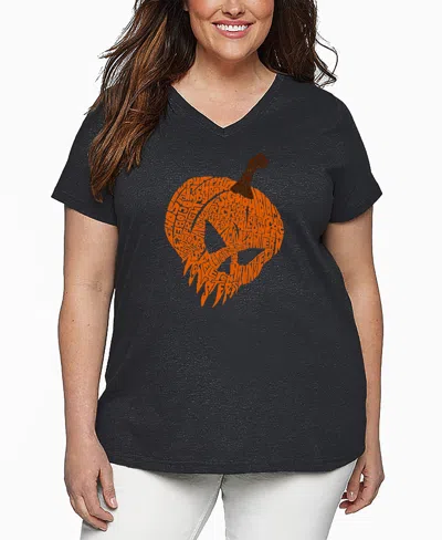 La Pop Art Plus Size Evil Pumpkin Word Art V-neck T-shirt In Gray