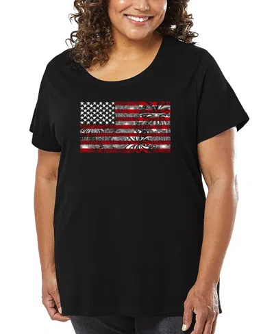 La Pop Art Plus Size Fireworks American Flag Art T-shirt In Black