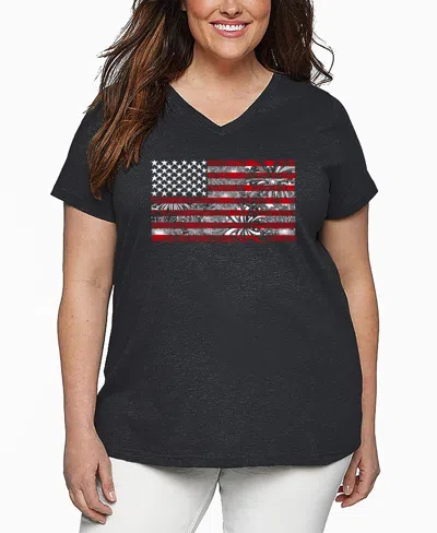 La Pop Art Plus Size Fireworks American Flag Word Art V-neck T-shirt In Gray