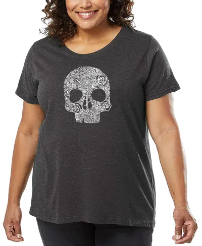 La Pop Art Plus Size Flower Skull Word Art T-shirt In Gray