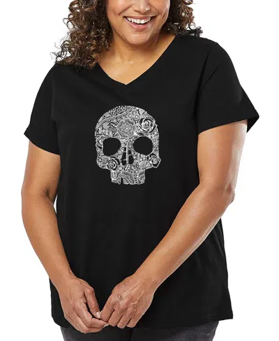 La Pop Art Plus Size Flower Skull Word Art V-neck T-shirt In Black