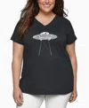 La Pop Art Plus Size Flying Saucer Ufo Word Art V-neck T-shirt In Black