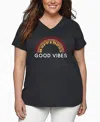 La Pop Art Plus Size Good Vibes Word Art V-neck T-shirt In Gray