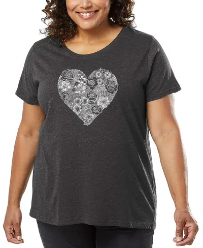 La Pop Art Plus Size Heart Flowers Art T-shirt In Gray