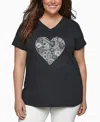 La Pop Art Plus Size Heart Flowers Word Art V-neck T-shirt In Gray