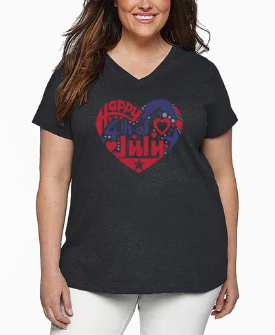 La Pop Art Plus Size July 4th Heart Word Art V-neck T-shirt In Gray