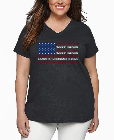 La Pop Art Plus Size Land Of The Free American Flag Word Art V-neck T-shirt In Gray