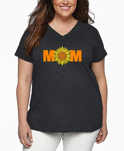 La Pop Art Plus Size Mom Sunflower Word Art V-neck T-shirt In Black
