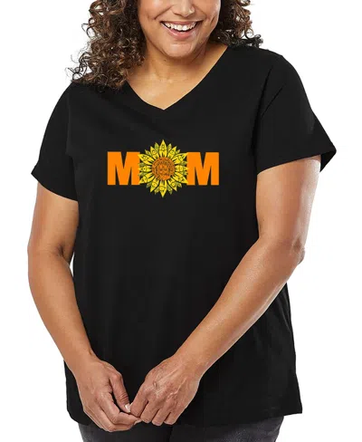 La Pop Art Plus Size Mom Sunflower Word Art V-neck T-shirt In Black