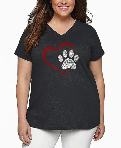 LA POP ART PLUS SIZE PAW HEART WORD ART V-NECK T-SHIRT