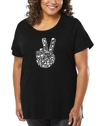 La Pop Art Plus Size Peace Finger Notes Art T-shirt In Black