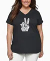 La Pop Art Plus Size Peace Fingers Word Art V-neck T-shirt In Black