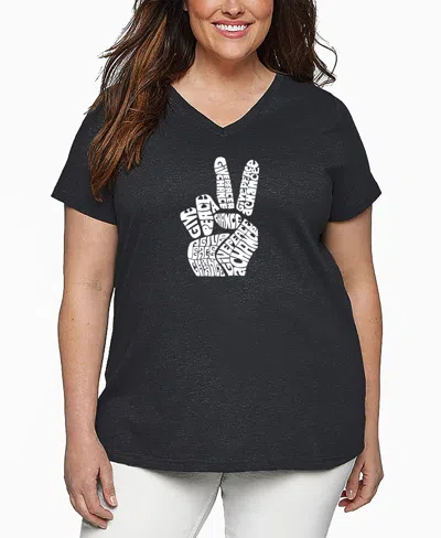 La Pop Art Plus Size Peace Fingers Word Art V-neck T-shirt In Black