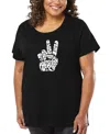 La Pop Art Plus Size Peace Fingers Word Art V-neck T-shirt In Black