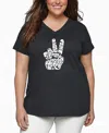 La Pop Art Plus Size Peace Out Word Art V-neck T-shirt In Black