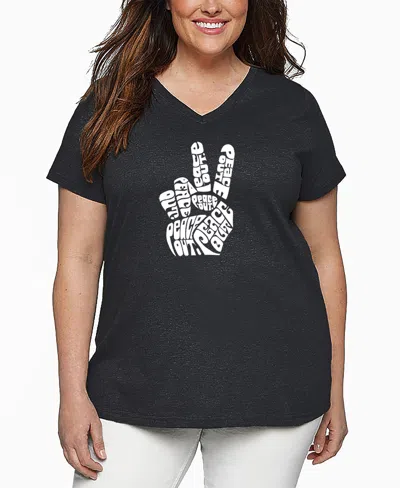 La Pop Art Plus Size Peace Out Word Art V-neck T-shirt In Black