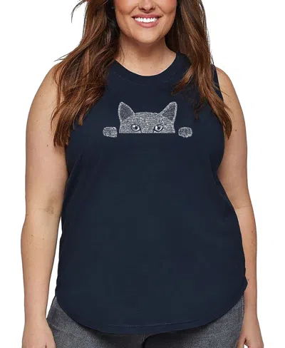 La Pop Art Plus Size Peeking Cat Word Art Tank Top In Blue