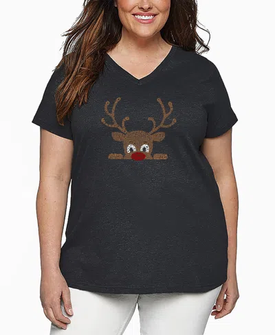 La Pop Art Plus Size Peeking Reindeer Word Art V-neck T-shirt In Gray