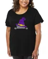 La Pop Art Plus Size Peeking Witch Cat Word Art T-shirt In Black