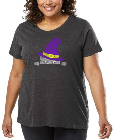 La Pop Art Plus Size Peeking Witch Cat Word Art T-shirt In Gray