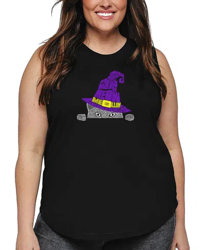 La Pop Art Plus Size Peeking Witch Cat Word Art Tank Top In Black