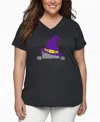 La Pop Art Plus Size Peeking Witch Cat Word Art V-neck T-shirt In Gray
