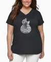 La Pop Art Plus Size Rock Guitar Head Word Art V-neck T-shirt In Gray