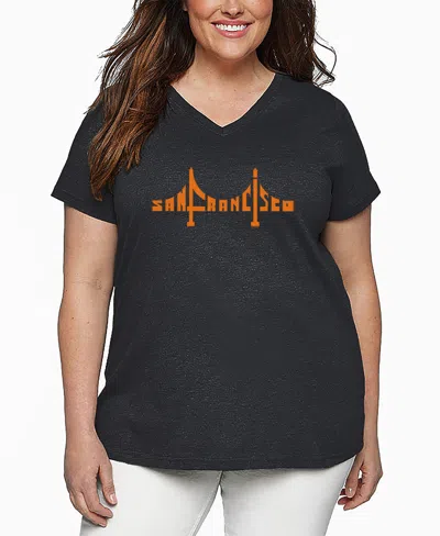 La Pop Art Plus Size San Francisco Bridge Word Art V-neck T-shirt In Gray