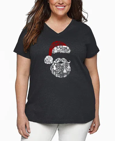 La Pop Art Plus Size Santa Pics Word Art V-neck T-shirt In Gray