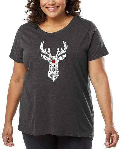 La Pop Art Plus Size Santa's Reindeer Word Art T-shirt In Gray